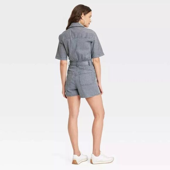 Universal Thread Short Sleeve Blue Stripe Denim Romper size 12 - NEW! - Picture 2 of 9